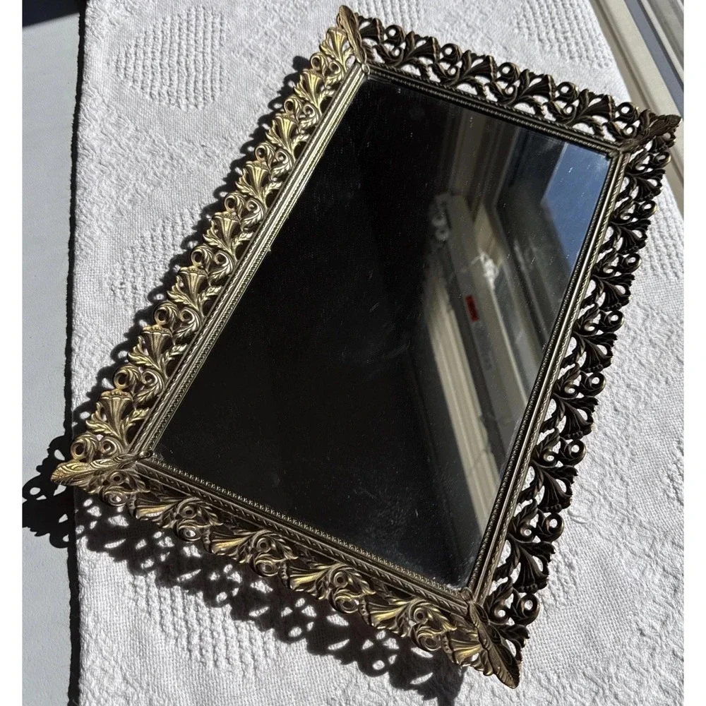 Vintage Gold Tone Filigree Hollywood Regency Vanity Mirror Tray 15x10